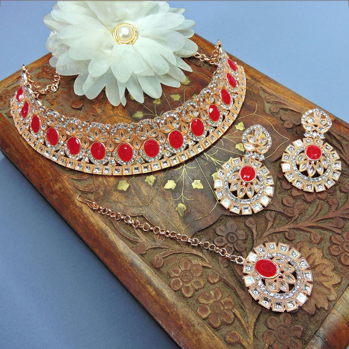 Alloy Choker Necklace Set In Red Colour