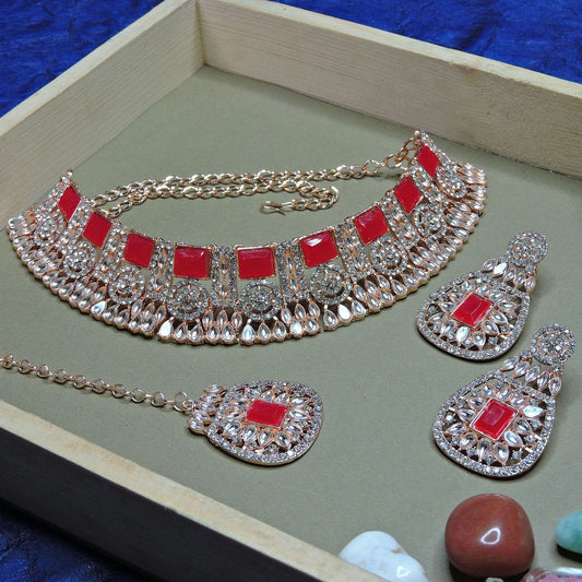 Alloy Choker Necklace Set In Red Colour