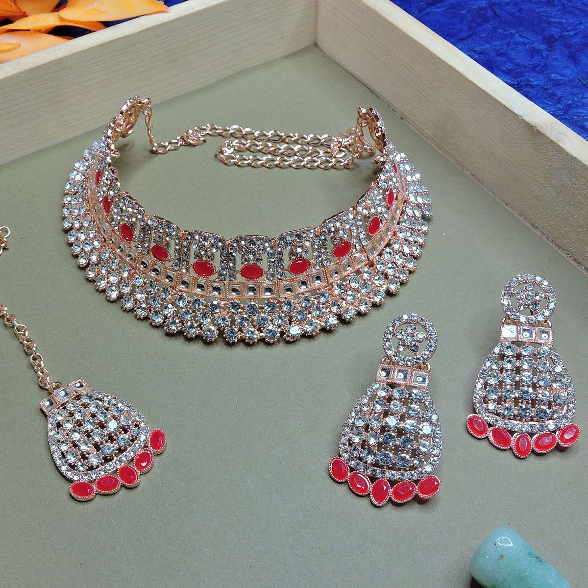 Alloy Choker Necklace Set In Red Colour