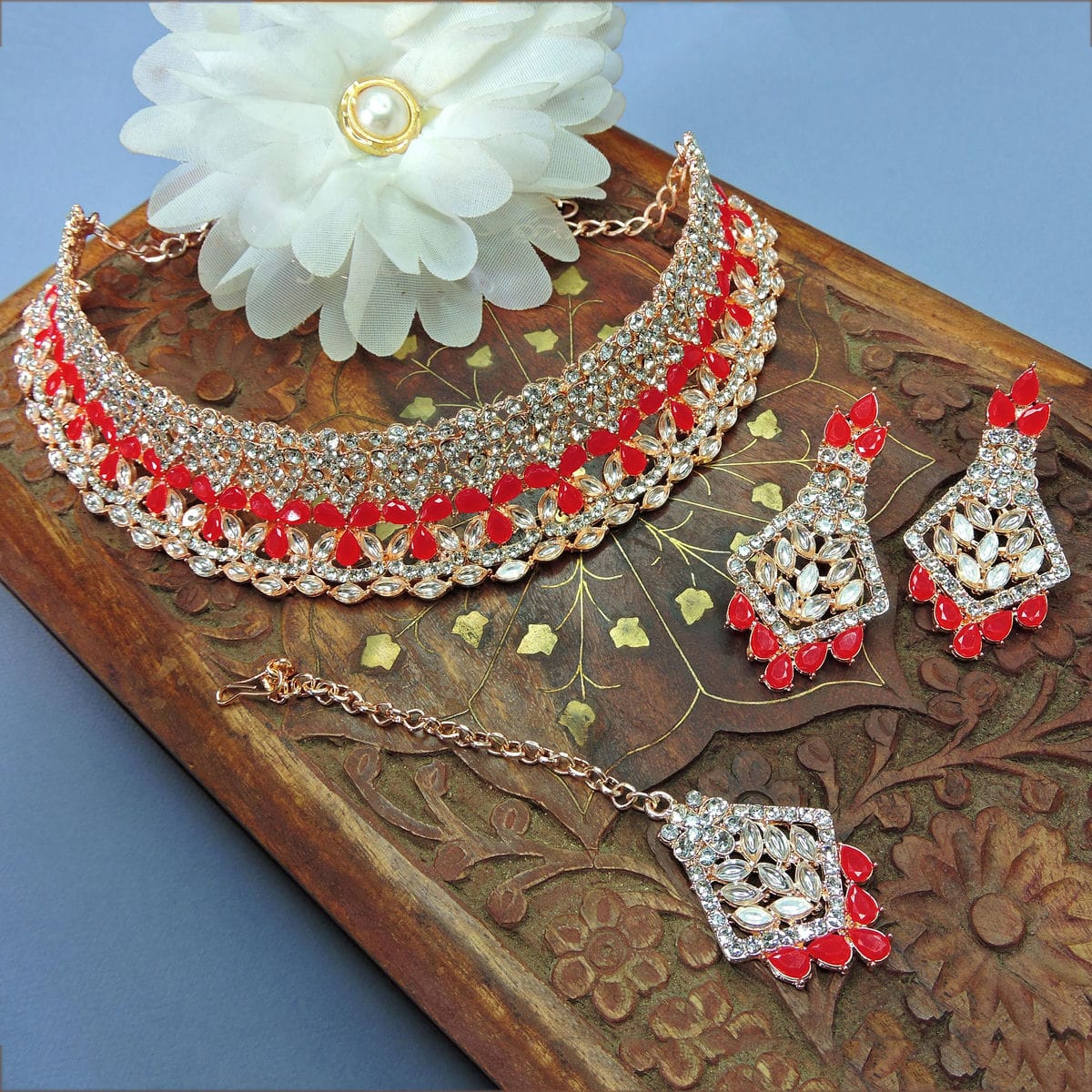 Alloy Choker Necklace Set In Red Colour