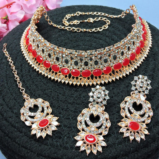 Alloy Choker Necklace Set In Red Colour