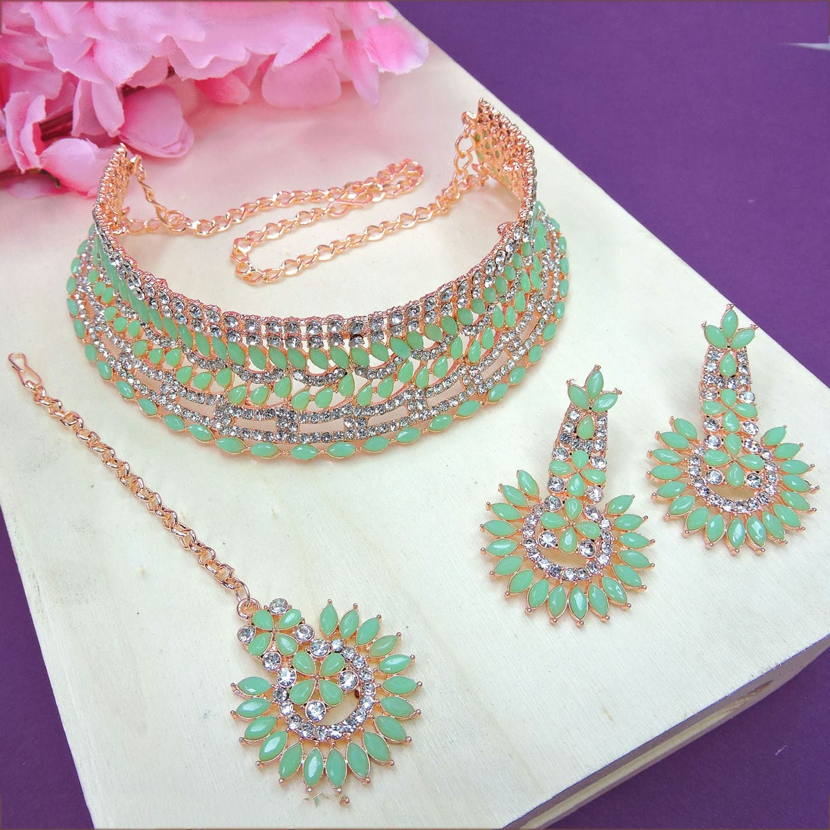 Alloy Choker Necklace Set In Sea Green Colour