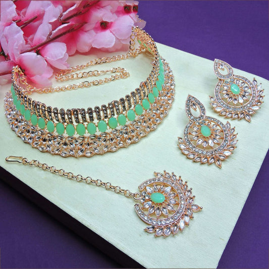 Alloy Choker Necklace Set In Sea Green Colour