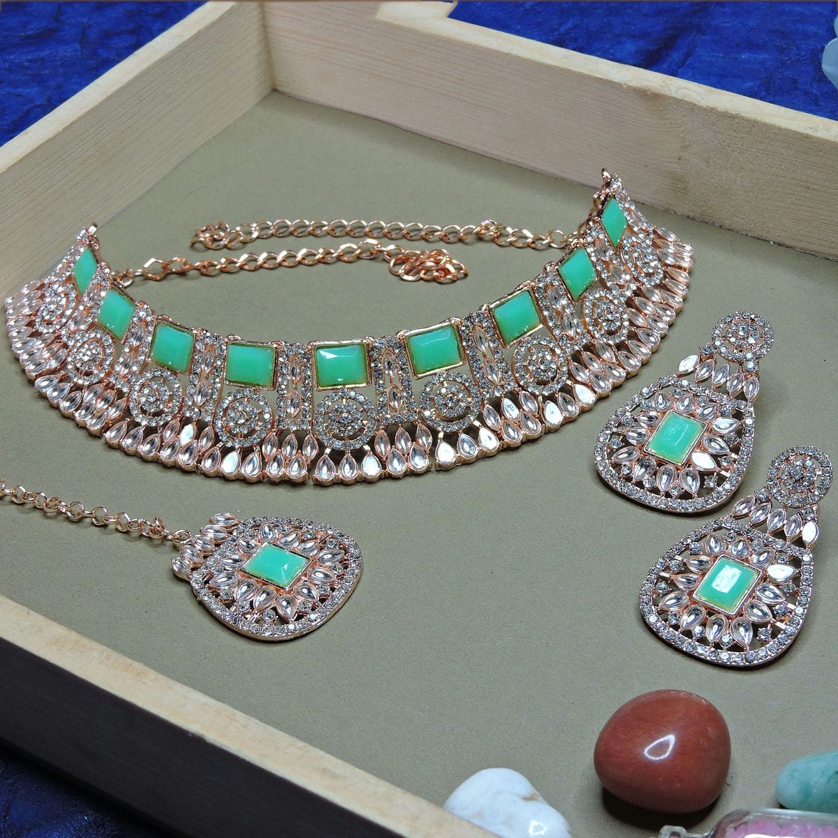 Alloy Choker Necklace Set In Sea Green Colour