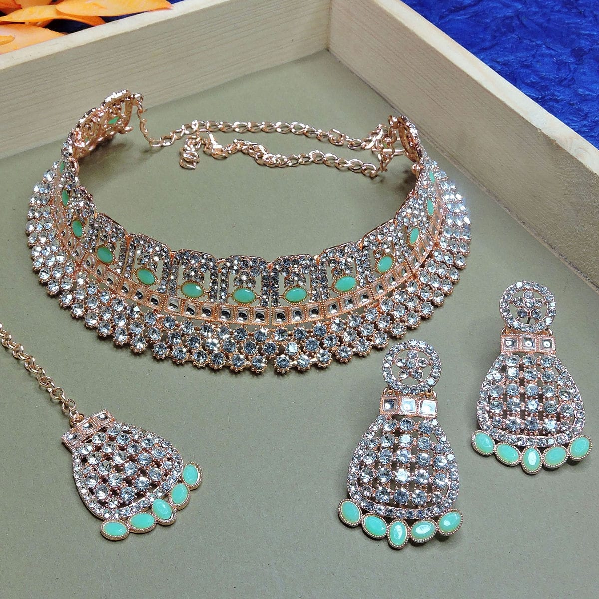 Alloy Choker Necklace Set In Sea Green Colour