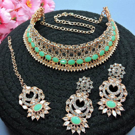 Alloy Choker Necklace Set In Sea Green Colour