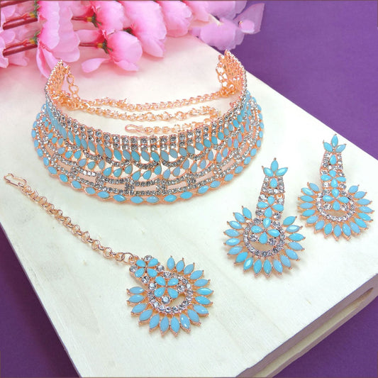 Alloy Choker Necklace Set In Sky Blue Colour