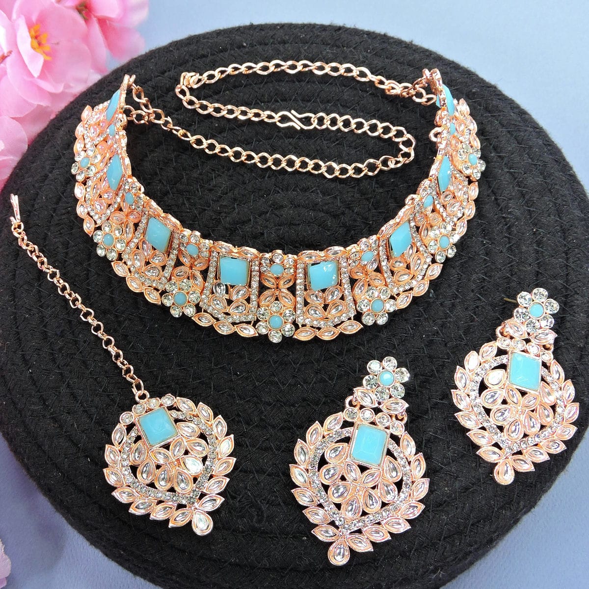 Alloy Choker Necklace Set In Sky Blue Colour