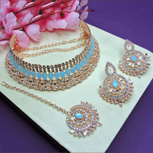 Alloy Choker Necklace Set In Sky Blue Colour