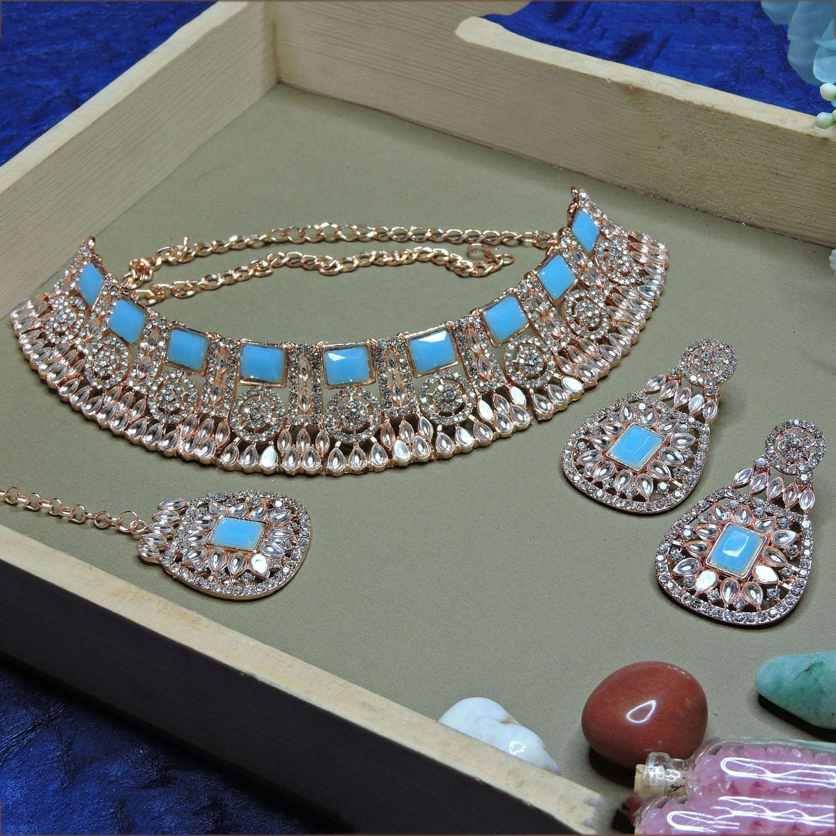 Alloy Choker Necklace Set In Sky Blue Colour