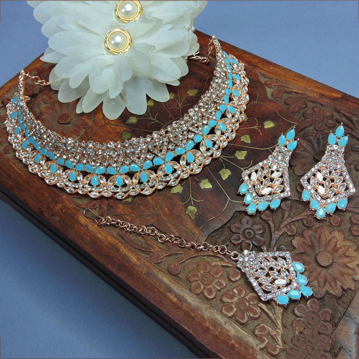 Alloy Choker Necklace Set In Sky Blue Colour