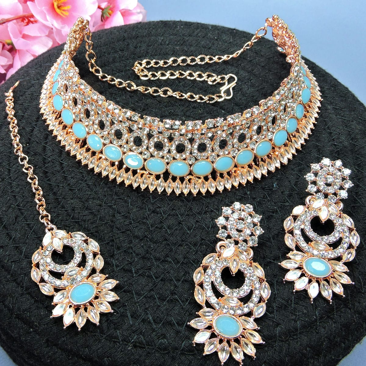 Alloy Choker Necklace Set In Sky Blue Colour