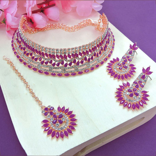 Alloy Choker Necklace Set In Violet Colour