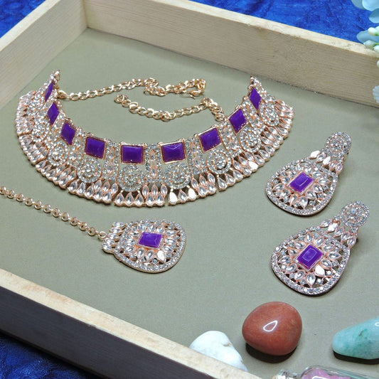 Alloy Choker Necklace Set In Violet Colour