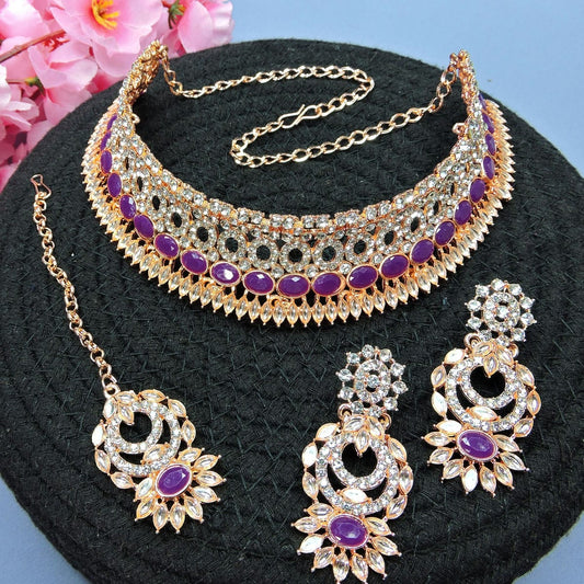 Alloy Choker Necklace Set In Violet Colour