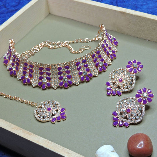 Alloy Choker Necklace Set In Violet Colour