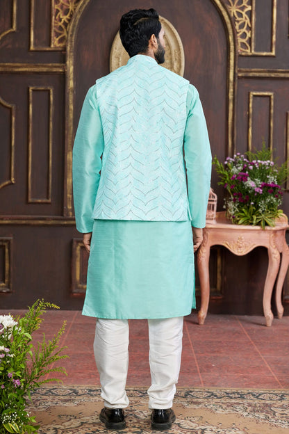 Aqua Blue Colour Art Silk Kurta Pajama With Jacket VSKP1230265