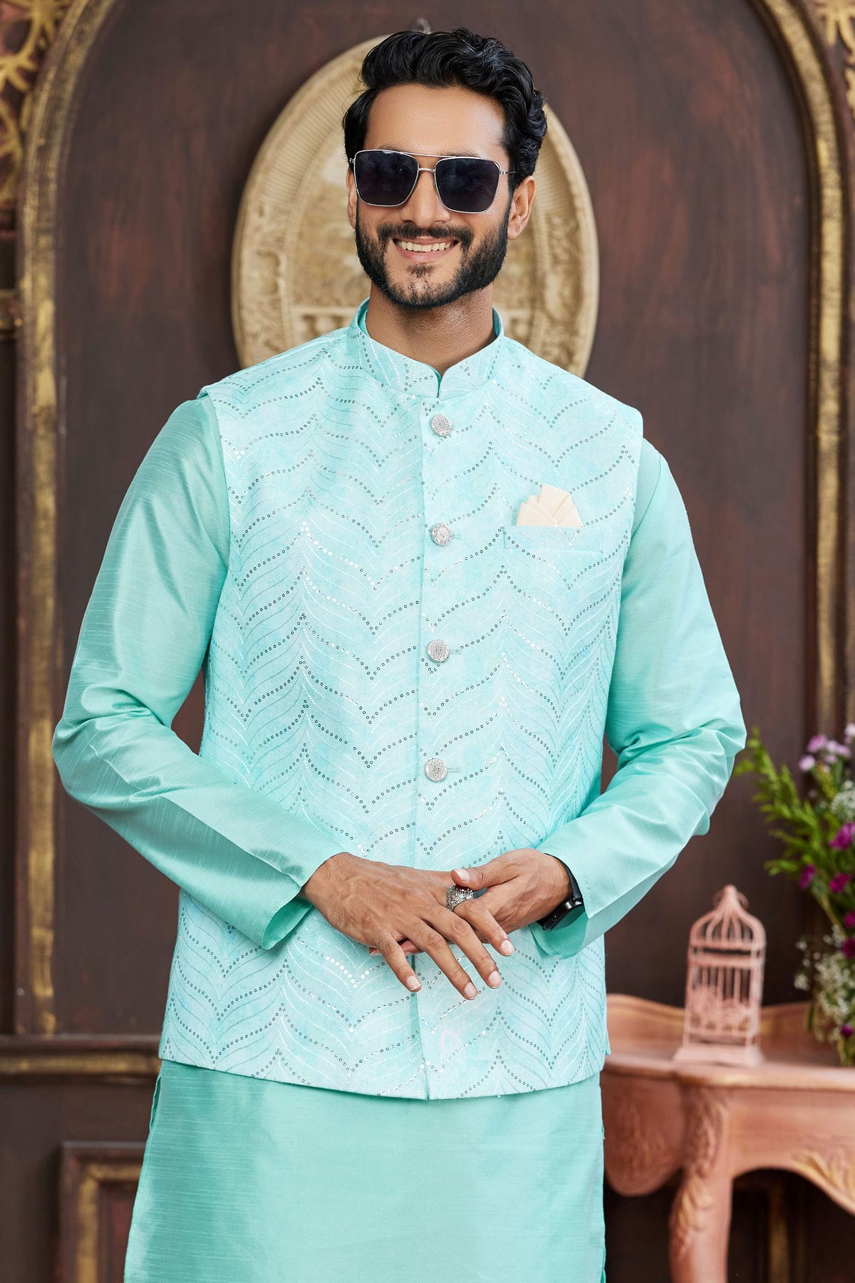 Aqua Blue Colour Art Silk Kurta Pajama With Jacket VSKP1230265