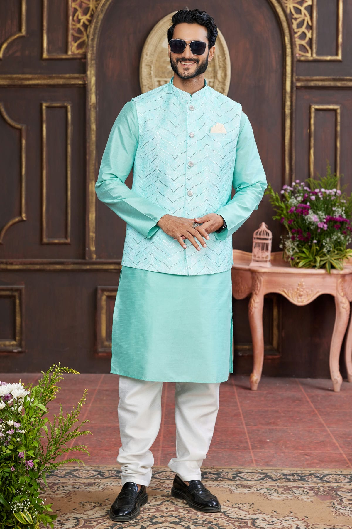 Aqua Blue Colour Art Silk Kurta Pajama With Jacket