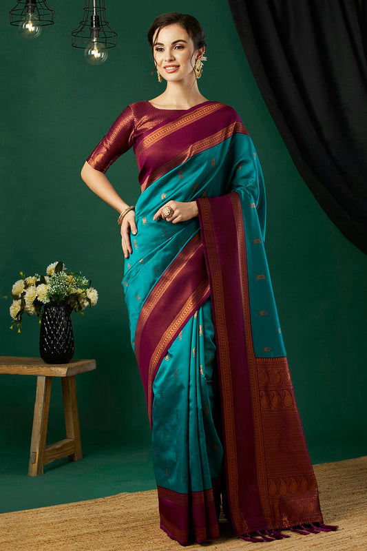 Aqua Blue Colour Banarasi Silk Traditional Saree