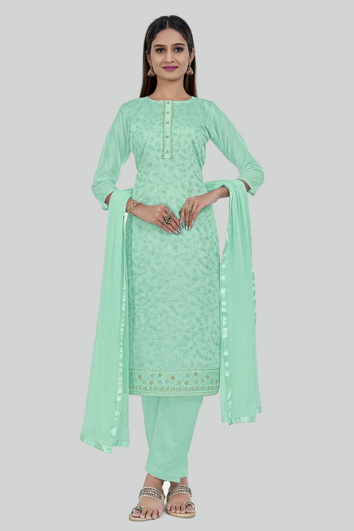 Aqua Blue Colour Chanderi Silk Pant Style Suit