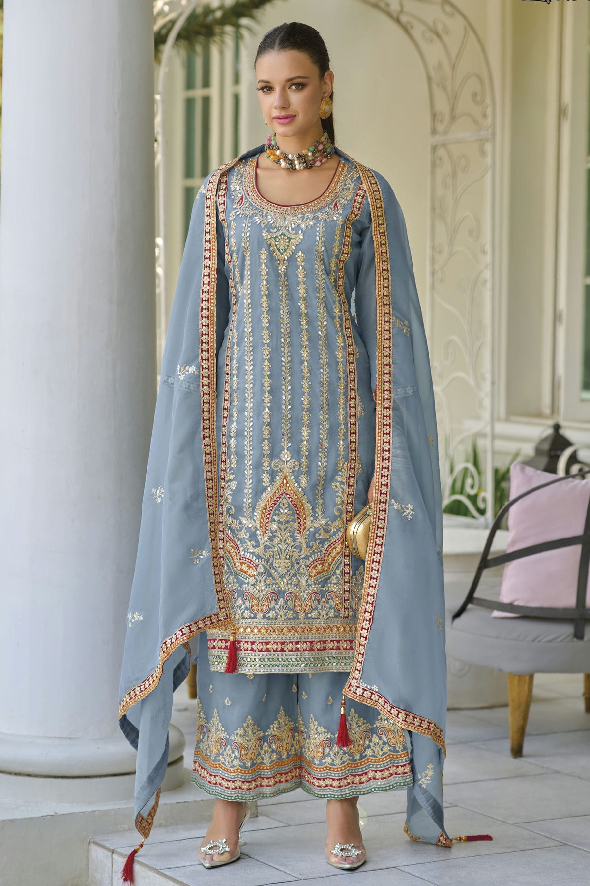 Aqua Blue Colour Chinon Readymade Palazzo Pant Suit