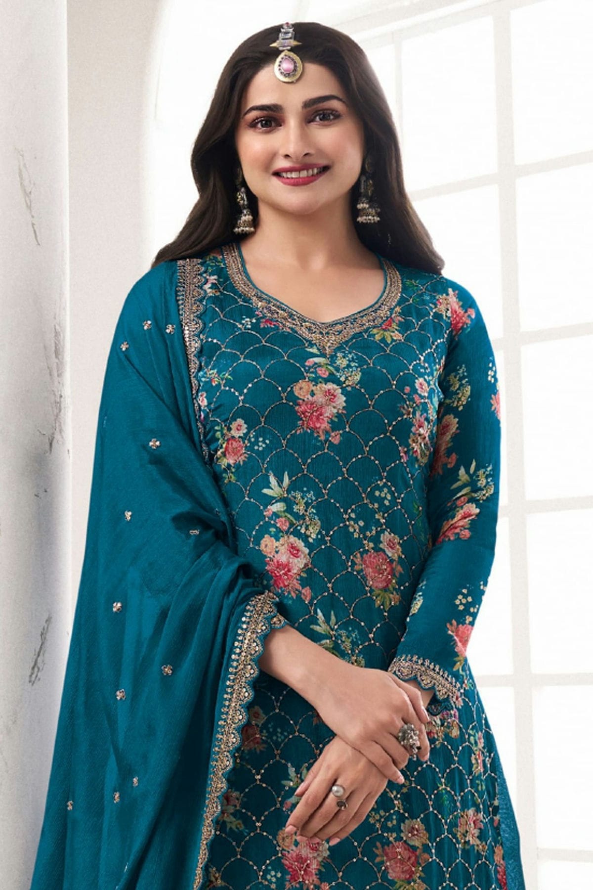 Aqua Blue Colour Chinon Sharara Suit