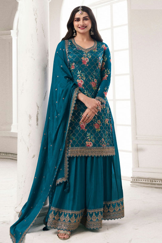 Aqua Blue Colour Chinon Sharara Suit