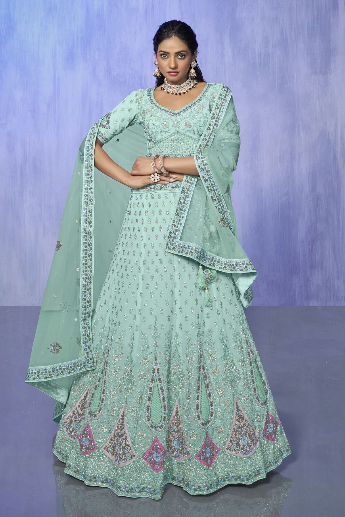 Aqua Blue Colour Embroidery Georgette Lehenga Choli