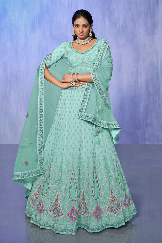 Aqua Blue Colour Embroidery Georgette Lehenga Choli