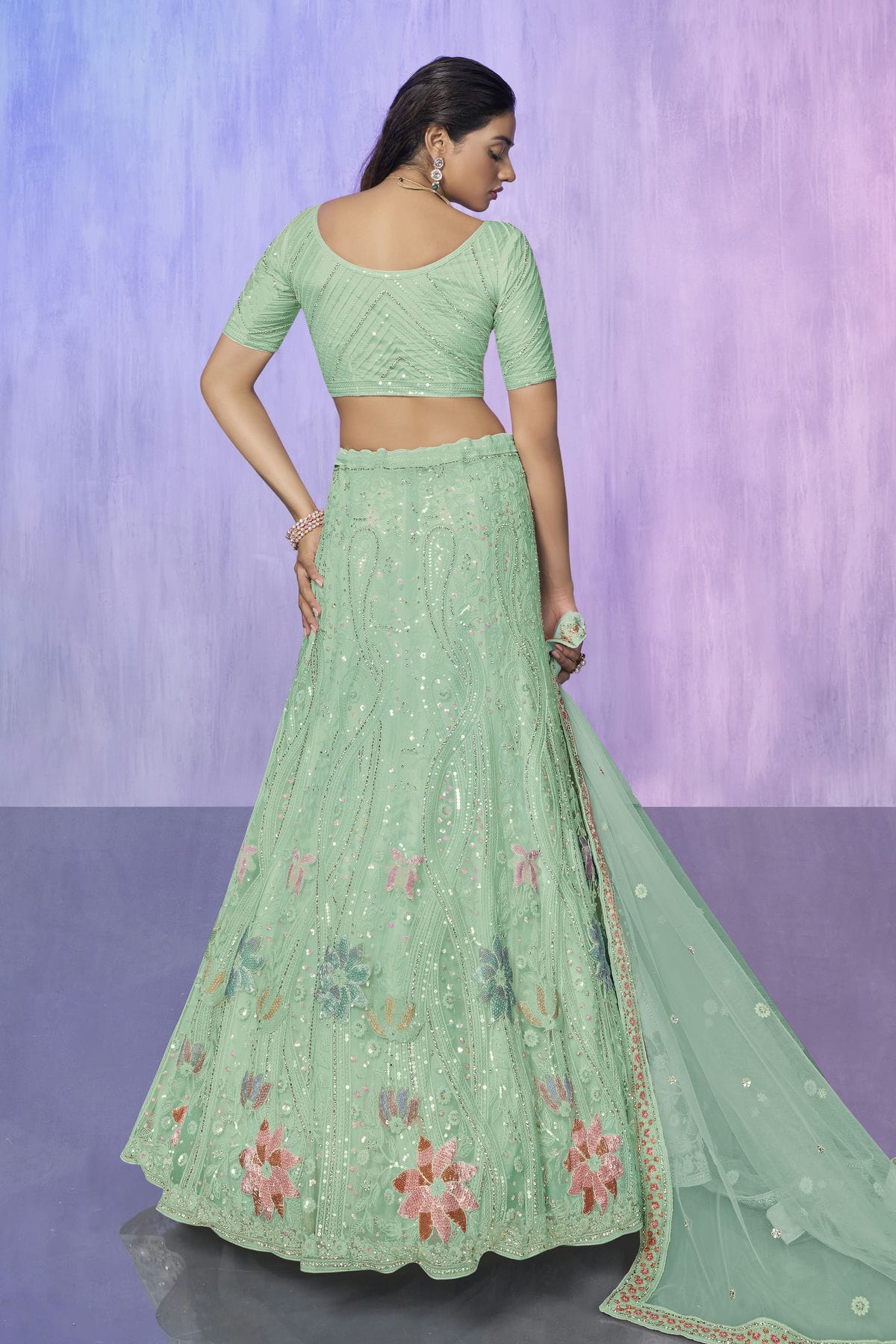 Aqua Blue Colour Embroidery Net Lehenga Choli