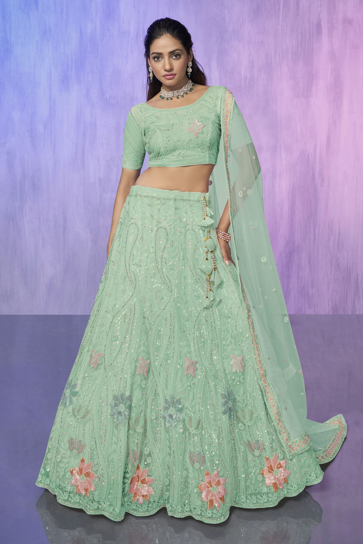 Aqua Blue Colour Embroidery Net Lehenga Choli