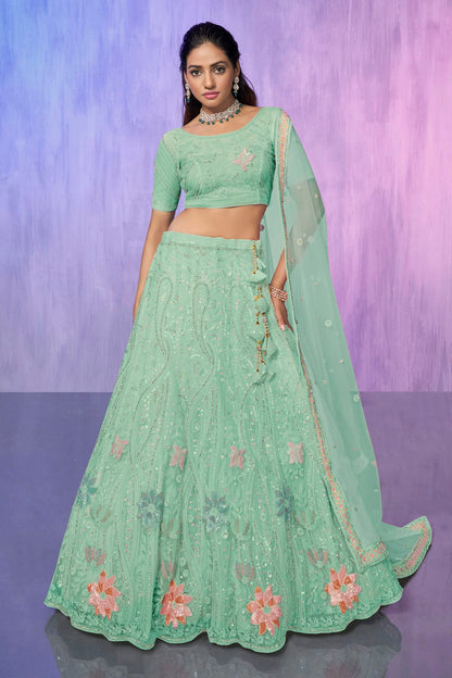 Aqua Blue Colour Embroidery Net Lehenga Choli