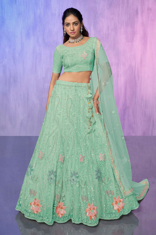 Aqua Blue Colour Embroidery Net Lehenga Choli