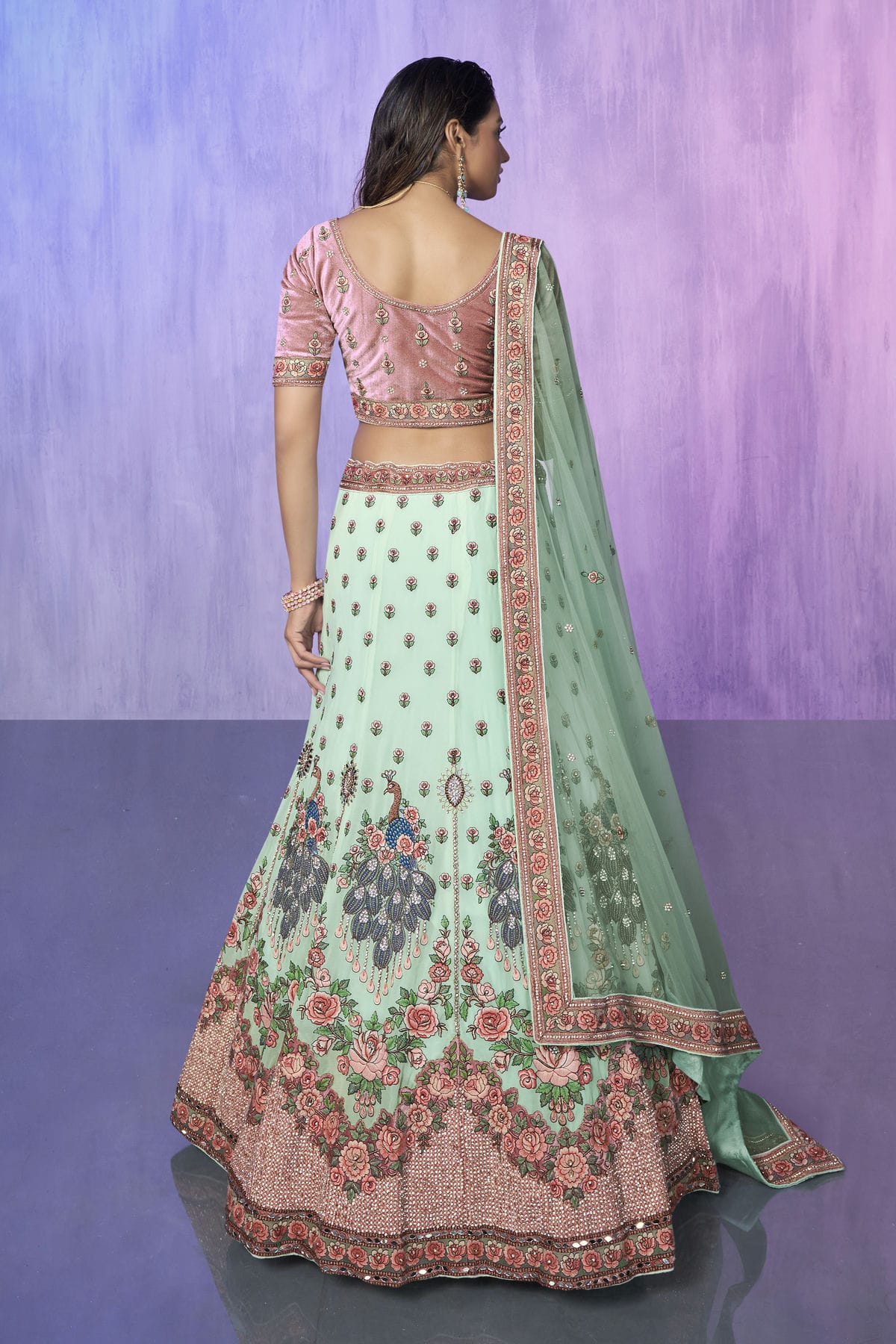 Aqua Blue Colour Embroidery Velvet Lehenga Choli