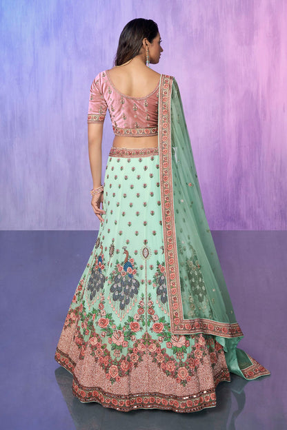 Aqua Blue Colour Embroidery Velvet Lehenga Choli