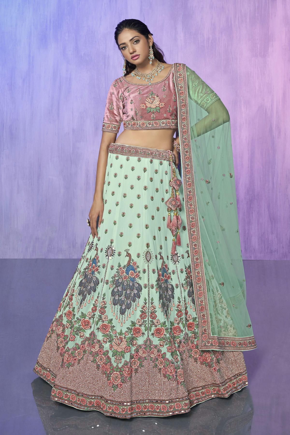 Aqua Blue Colour Embroidery Velvet Lehenga Choli