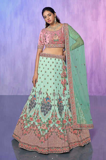 Aqua Blue Colour Embroidery Velvet Lehenga Choli