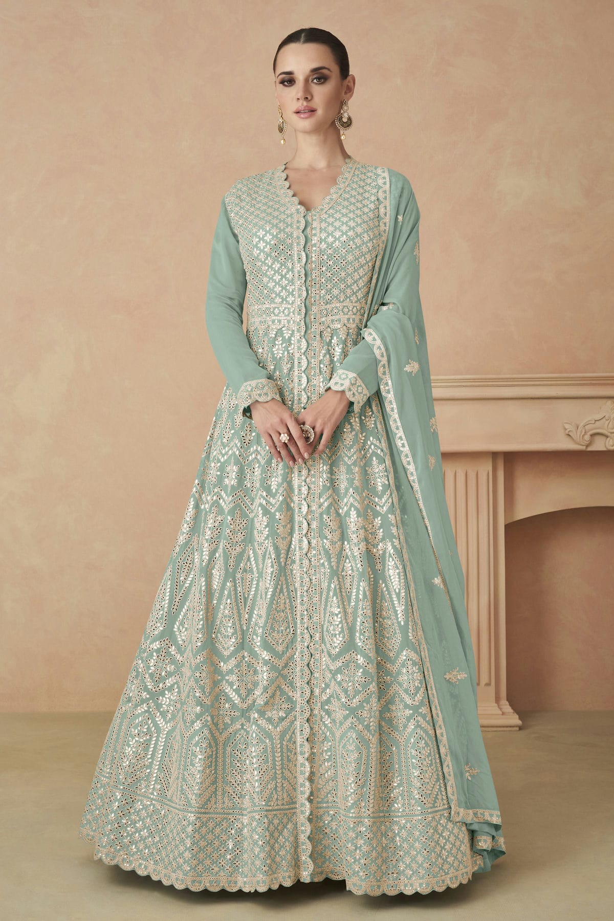 Aqua Blue Colour Faux Georgette Anarkali Suit