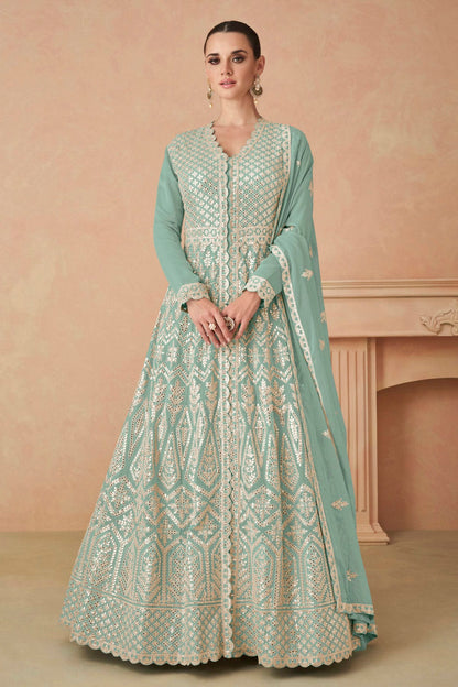 Aqua Blue Colour Faux Georgette Anarkali Suit