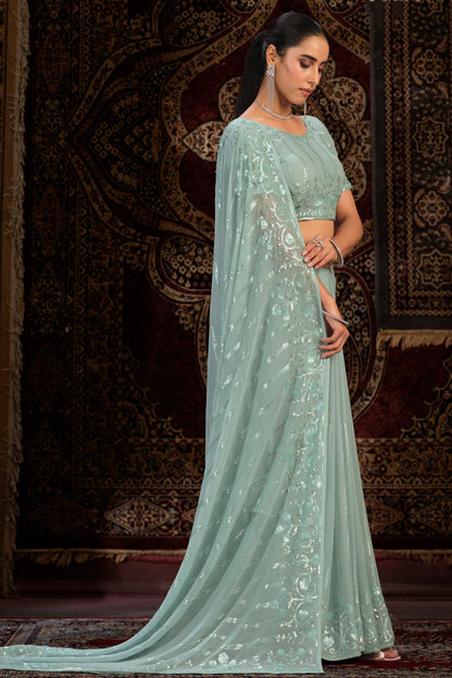 Aqua Blue Colour Georgette Designer Saree