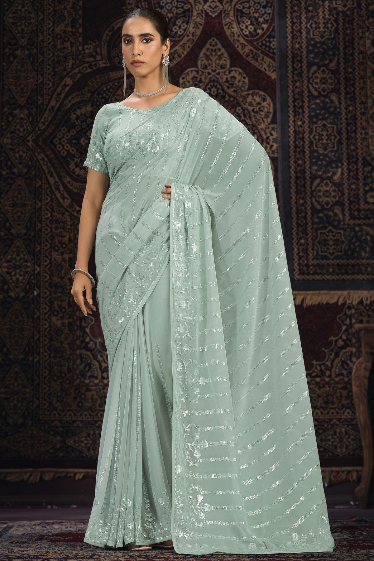 Aqua Blue Colour Georgette Designer Saree