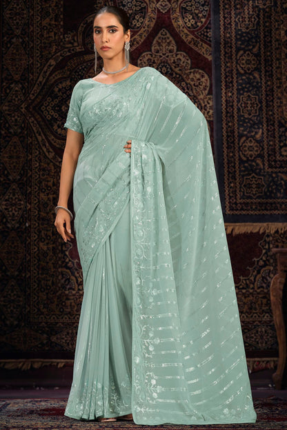 Aqua Blue Colour Georgette Designer Saree