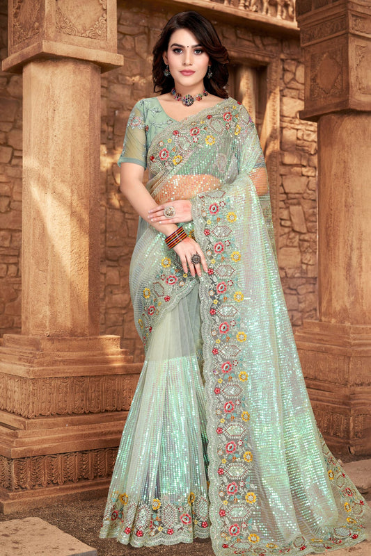 Aqua Blue Colour Net Designer Saree