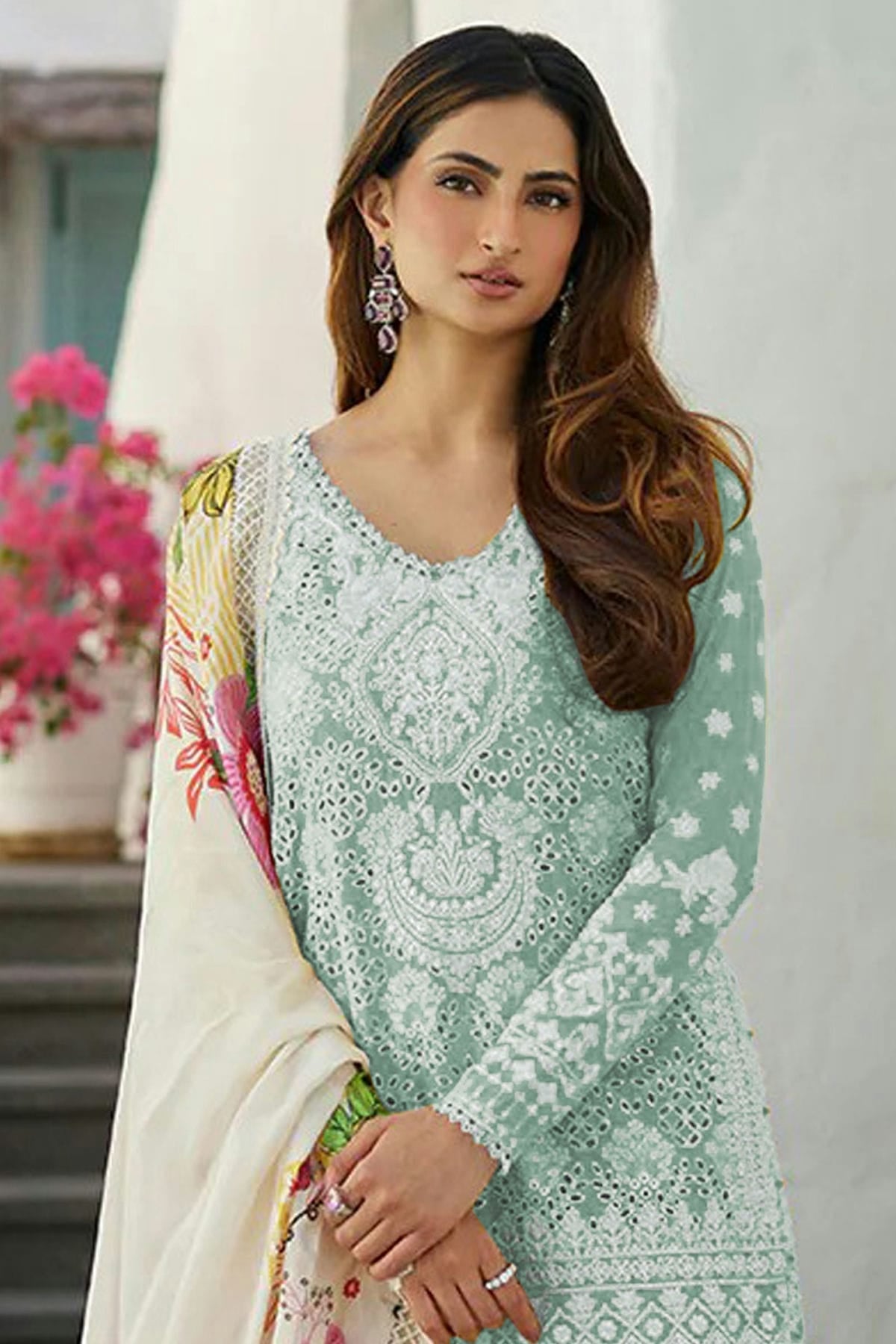 Aqua Blue Colour Rayon and Cotton Pakistani Suit