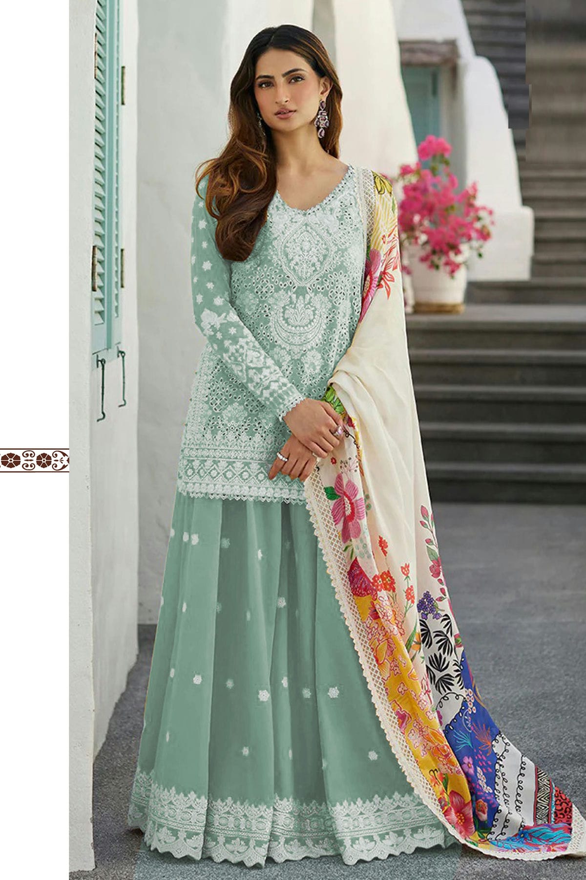 Aqua Blue Colour Rayon and Cotton Pakistani Suit