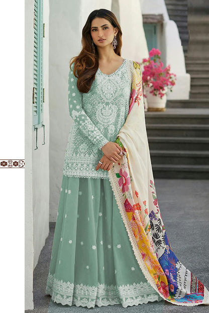 Aqua Blue Colour Rayon and Cotton Pakistani Suit