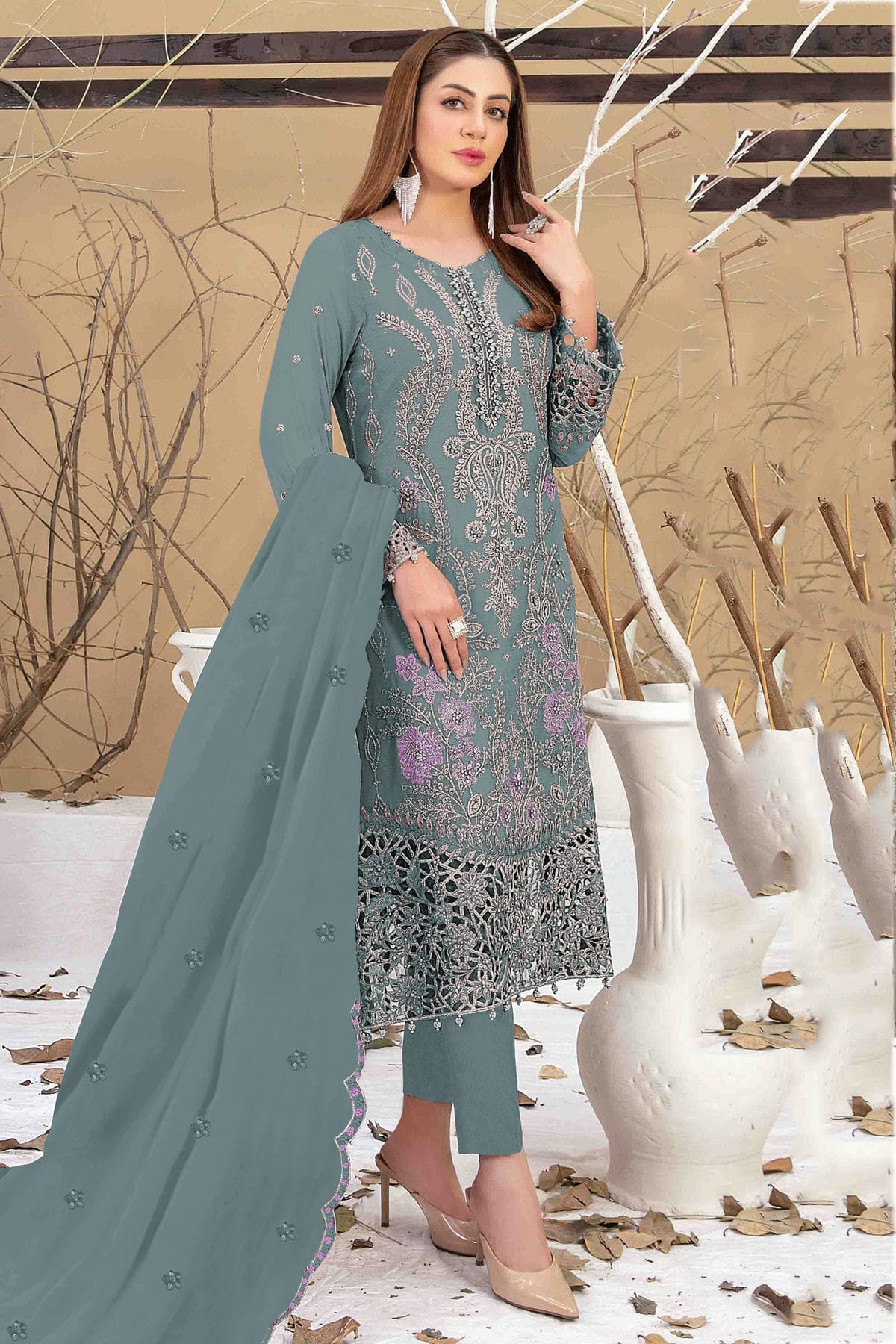 Aqua Blue Colour Semi Stitched Faux Georgette Pakistani Suit