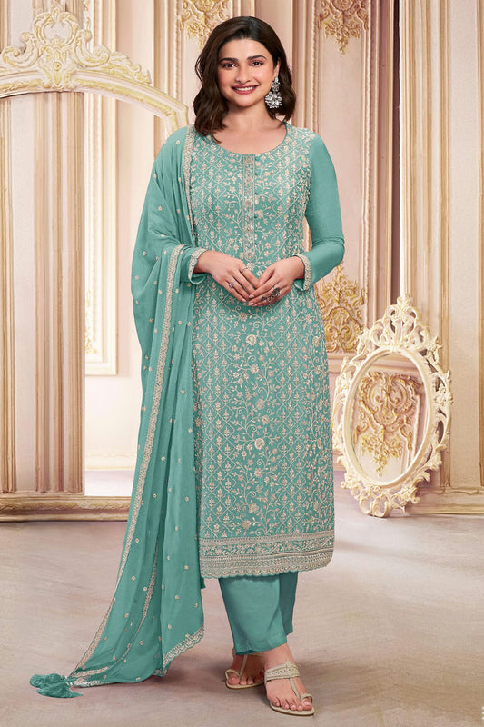 Aqua Blue Colour Semi Stitched Faux Georgette Pant Style Suit