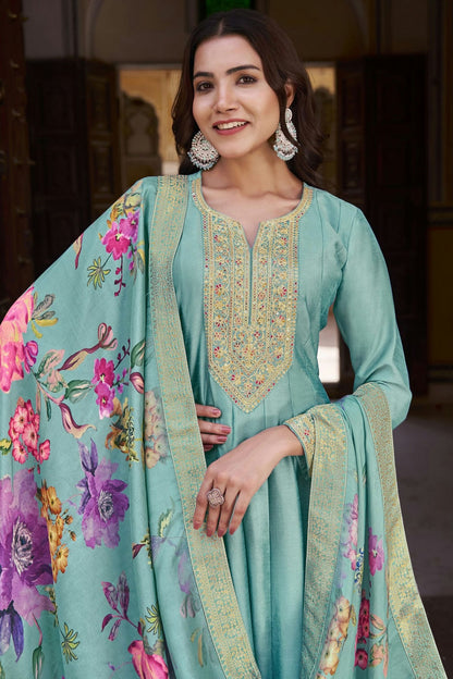 Aqua Blue Colour Semi Stitched Silk Anarkali Suit